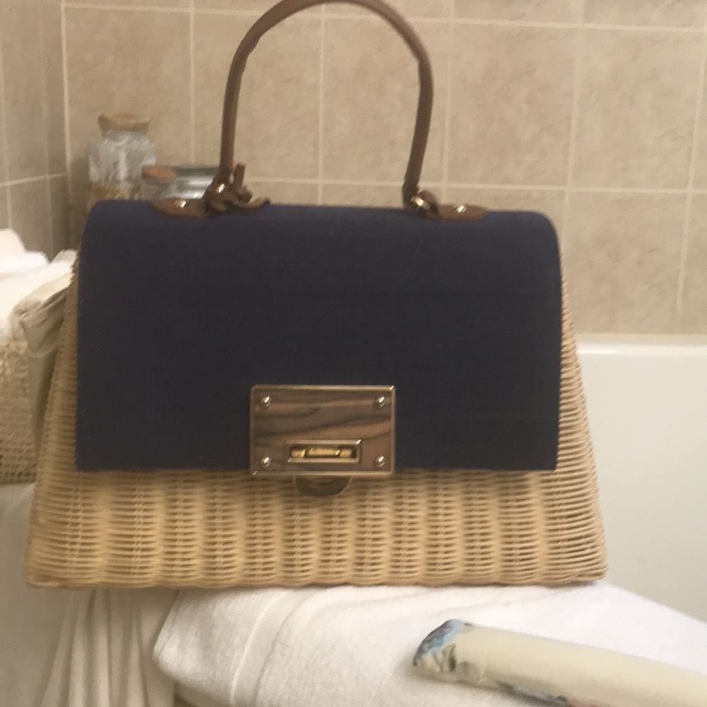 Kontessa handbag wicker with navy jean material + wood &  gold embellishments